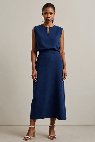 Navy A Line Round Neck Maxi Work Dress