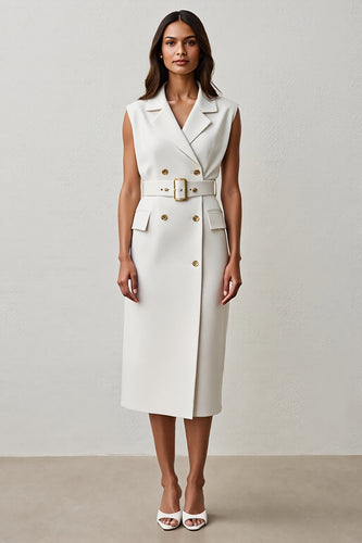 White Notched Lapel Pencil Midi Work Blazer Dress with Belt