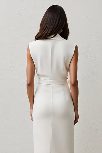 White Notched Lapel Pencil Midi Work Blazer Dress with Belt