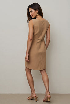Simple Camel Pencil Round Neck Short Work Dress with Pockets