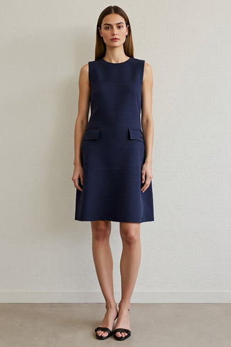 Simple Navy Pencil Round Neck Short Work Dress