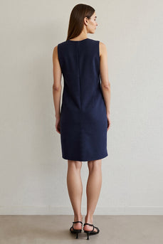 Simple Navy Pencil Round Neck Short Work Dress
