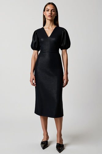 Black Pencil V-Neck Satin Midi Work Dress with Short Sleeves