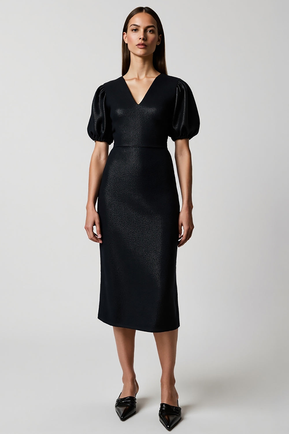 Black Pencil V-Neck Satin Midi Work Dress with Short Sleeves