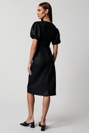 Black Pencil V-Neck Satin Midi Work Dress with Short Sleeves