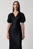 Load image into Gallery viewer, Black Pencil V-Neck Satin Midi Work Dress with Short Sleeves