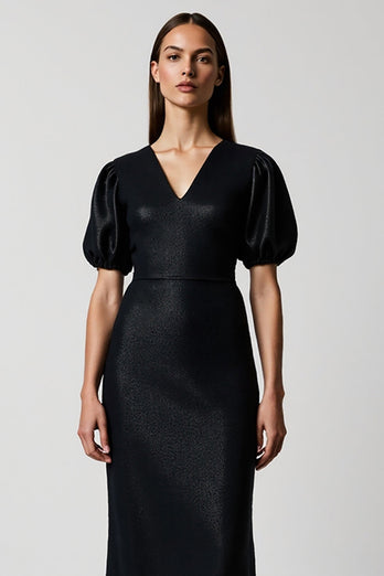 Black Pencil V-Neck Satin Midi Work Dress with Short Sleeves