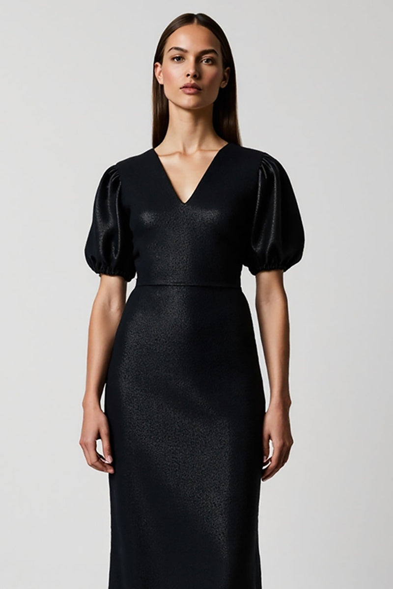 Load image into Gallery viewer, Black Pencil V-Neck Satin Midi Work Dress with Short Sleeves