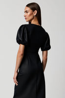 Load image into Gallery viewer, Black Pencil V-Neck Satin Midi Work Dress with Short Sleeves