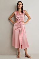 Load image into Gallery viewer, Pink Satin A Line Draped Maxi Wedding Guest Dress