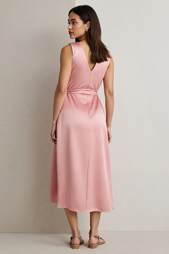 Pink Satin A Line Draped Maxi Wedding Guest Dress