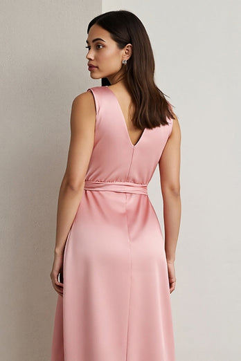 Pink Satin A Line Draped Maxi Wedding Guest Dress