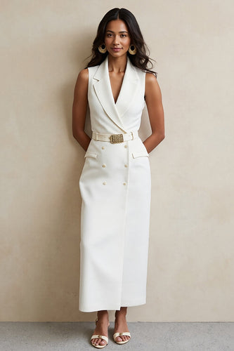 White Notched Lapel Maxi Pencil Work Blazer Dress with Button