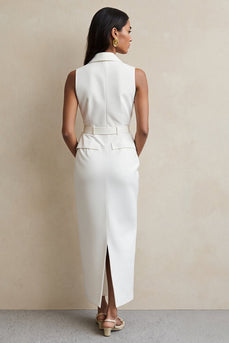 White Notched Lapel Maxi Pencil Work Blazer Dress with Button