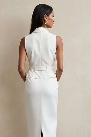 White Notched Lapel Maxi Pencil Work Blazer Dress with Button