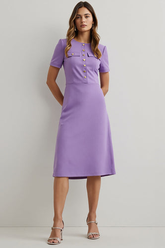 Purple Pencil Round Neck Midi Work Dress with Short Sleeves