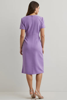 Purple Pencil Round Neck Midi Work Dress with Short Sleeves