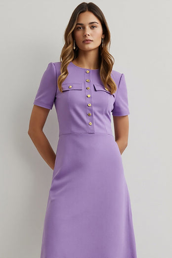 Purple Pencil Round Neck Midi Work Dress with Short Sleeves