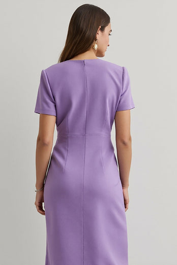 Purple Pencil Round Neck Midi Work Dress with Short Sleeves