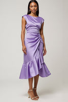 Load image into Gallery viewer, Purple Satin Midi Wedding Guest Dress with Ruffles