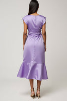 Load image into Gallery viewer, Purple Satin Midi Wedding Guest Dress with Ruffles