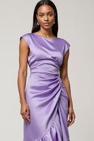 Load image into Gallery viewer, Purple Satin Midi Wedding Guest Dress with Ruffles