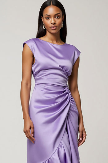 Purple Satin Midi Wedding Guest Dress with Ruffles