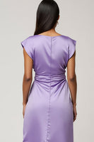 Load image into Gallery viewer, Purple Satin Midi Wedding Guest Dress with Ruffles
