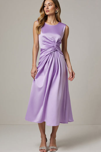Purple Satin A Line Ruched Maxi Work Dress