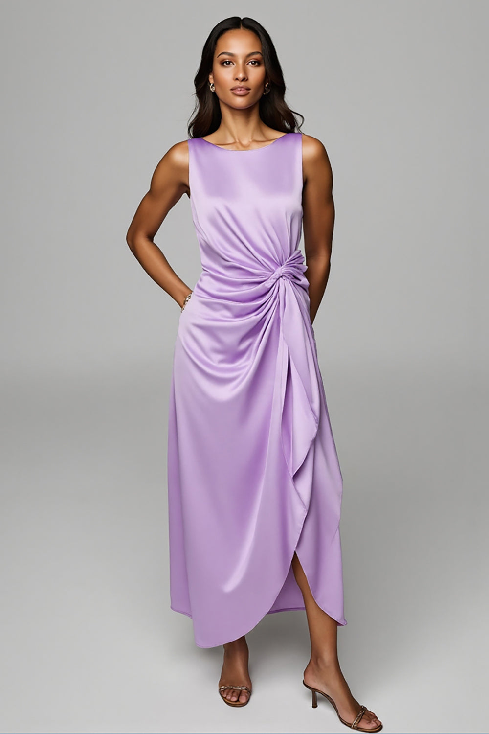 Purple Sheath Maxi Satin Wedding Guest Dress with Ruffles
