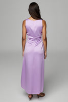 Load image into Gallery viewer, Purple Sheath Maxi Satin Wedding Guest Dress with Ruffles