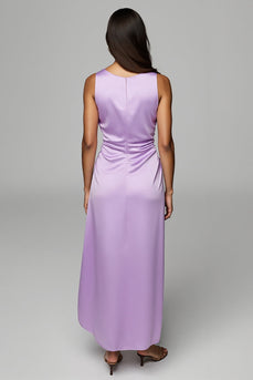 Purple Sheath Maxi Satin Wedding Guest Dress with Ruffles