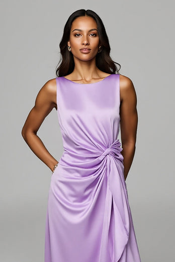 Purple Sheath Maxi Satin Wedding Guest Dress with Ruffles