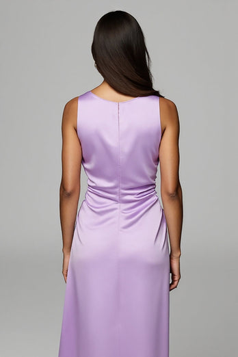Purple Sheath Maxi Satin Wedding Guest Dress with Ruffles