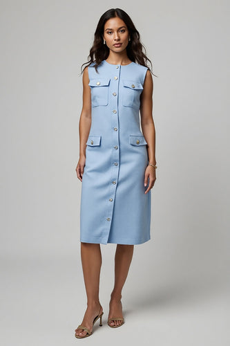 Blue Boat Neck Midi Pencil Work Blazer Dress with Pockets