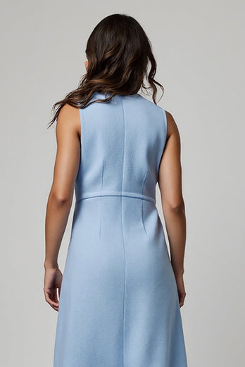 Blue Boat Neck Midi Pencil Work Blazer Dress with Pockets