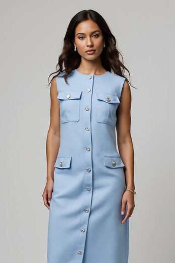 Blue Boat Neck Midi Pencil Work Blazer Dress with Pockets