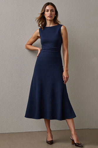 Simple Navy A Line Bateau Neck Maxi Work Dress