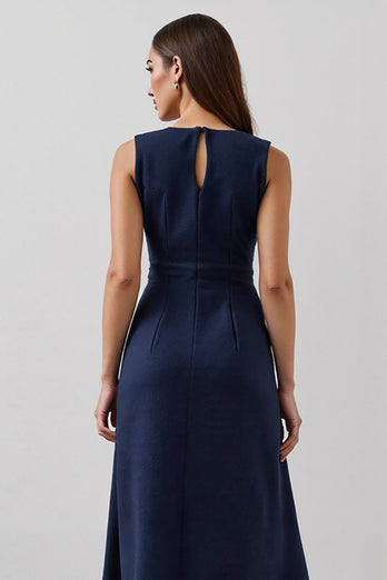 Simple Navy A Line Bateau Neck Maxi Work Dress