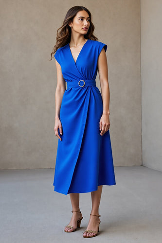 Royal Blue A Line Cap Sleeves V-Neck Midi Work Dress with Belt