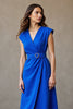 Load image into Gallery viewer, Royal Blue A Line Cap Sleeves V-Neck Midi Work Dress with Belt