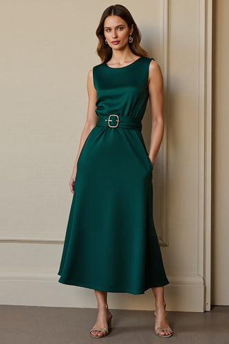 Dark Green Satin Round Neck Maxi Work Dress with Pockets