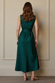 Dark Green Satin Round Neck Maxi Work Dress with Pockets
