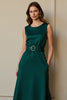 Load image into Gallery viewer, Dark Green Satin Round Neck Maxi Work Dress with Pockets