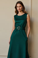 Load image into Gallery viewer, Dark Green Satin Round Neck Maxi Work Dress with Pockets