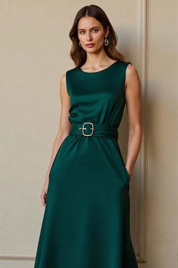 Dark Green Satin Round Neck Maxi Work Dress with Pockets