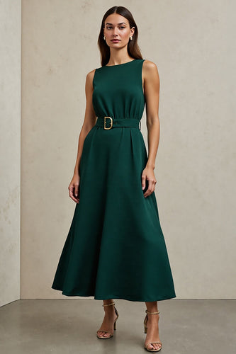 Dark Green A Line Satin Round Neck Maxi Work Dress with Belt