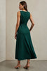 Load image into Gallery viewer, Dark Green A Line Satin Round Neck Maxi Work Dress with Belt