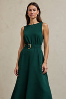 Load image into Gallery viewer, Dark Green A Line Satin Round Neck Maxi Work Dress with Belt