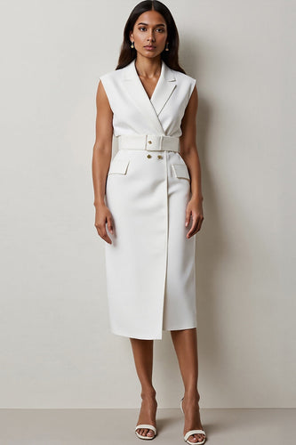 White Pencil Notched Lapel Midi Work Blazer Dress with Belt